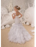 Beaded White Lace Organza Ruffled Flower Girl Dress